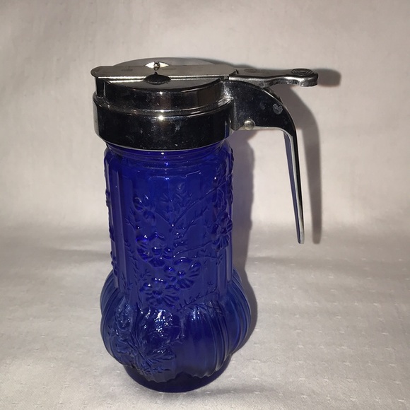 Vintage Cobalt Blue Syrup Pitcher with Flowers - Picture 3 of 10